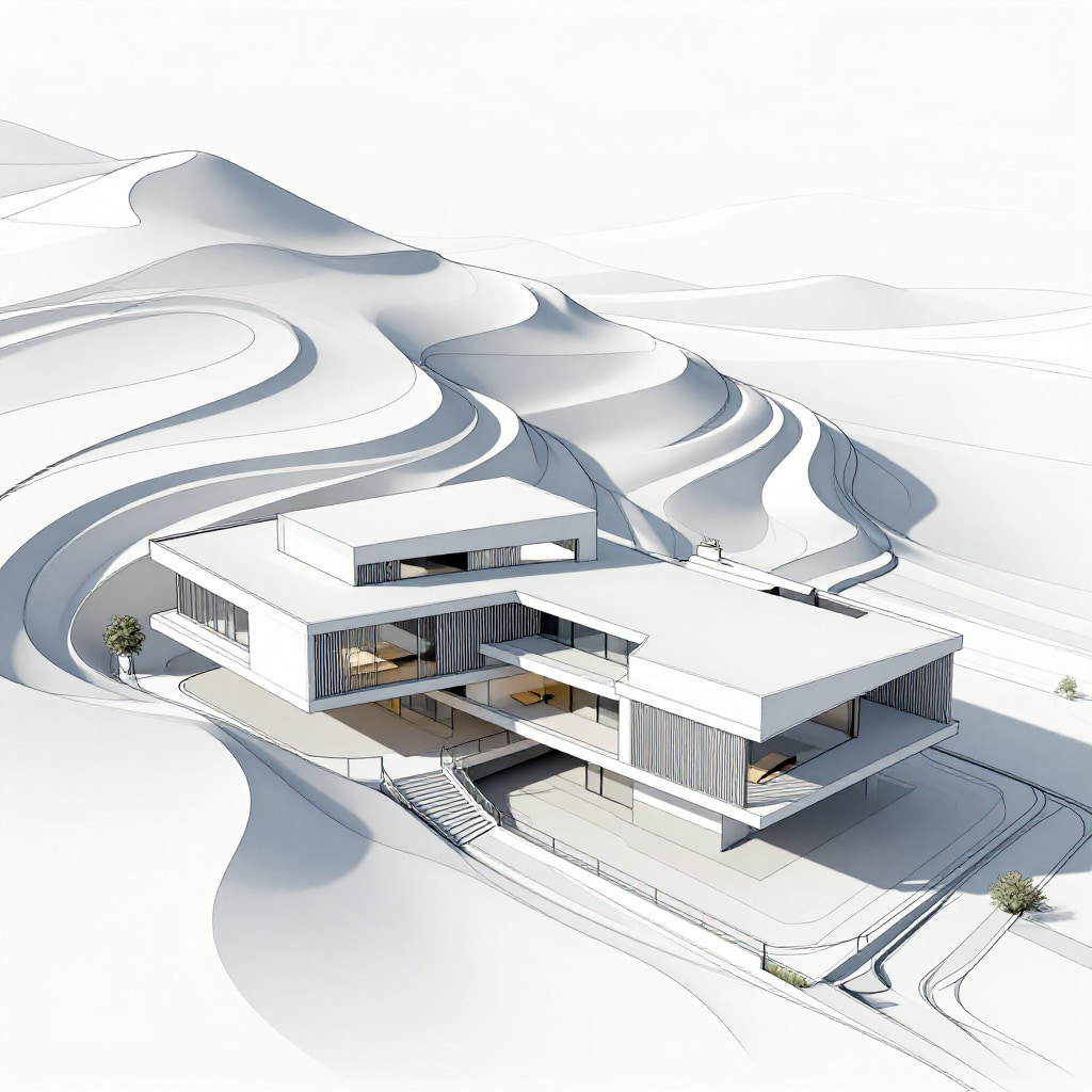 White architectural source sketch of the house before any Sogni enhancement.