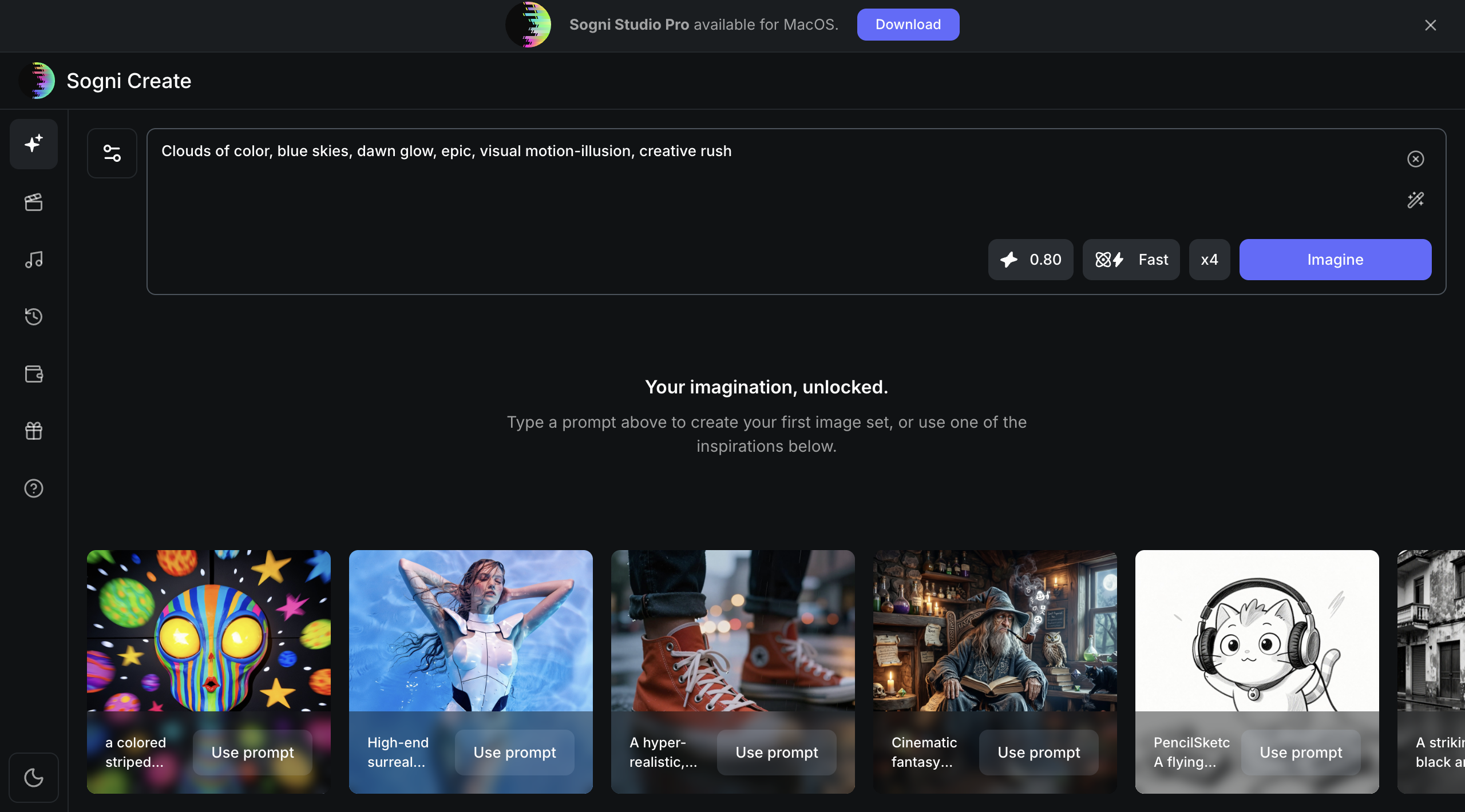Sogni Create landing screen in the browser.