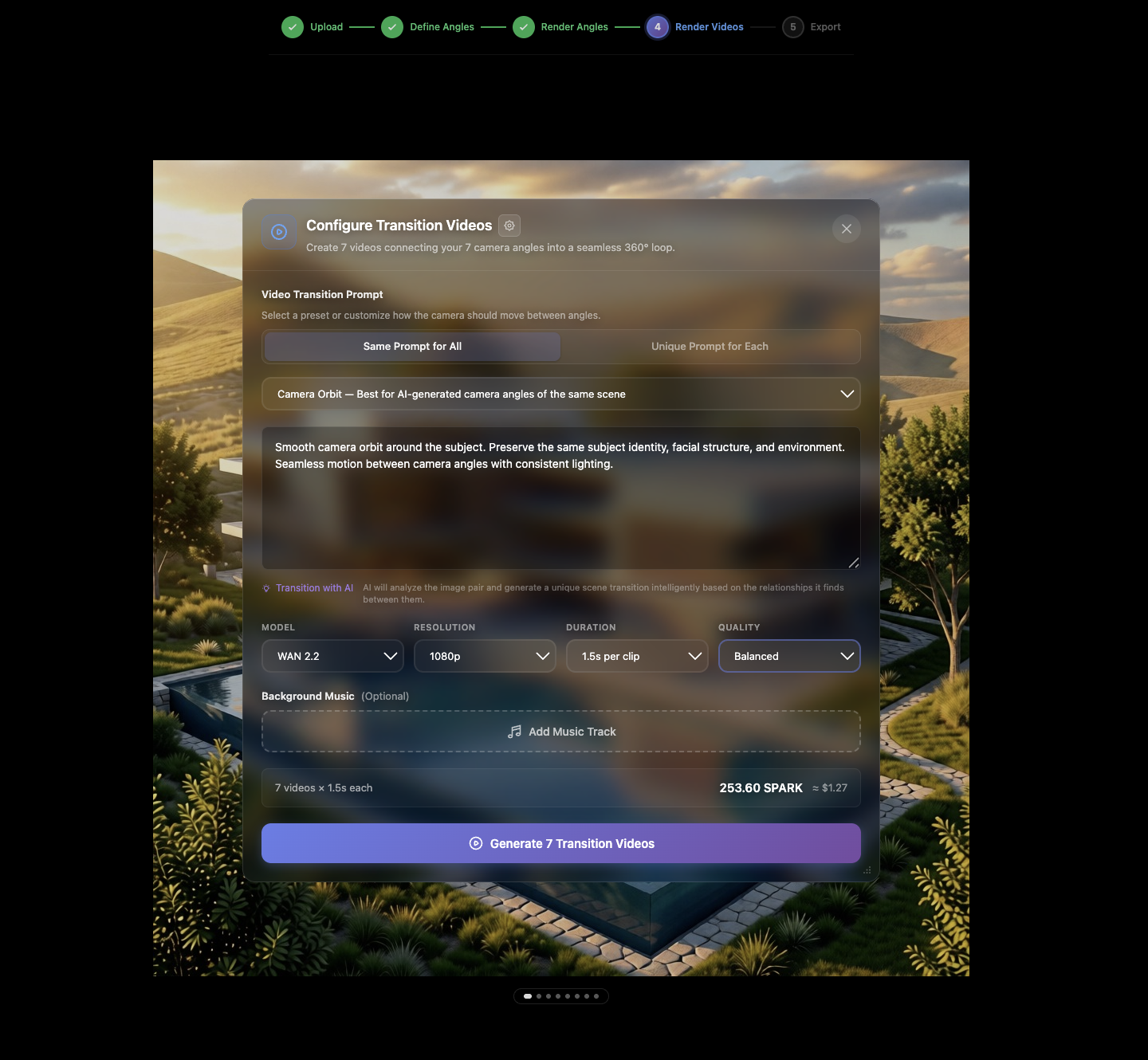 Transition configuration modal in Sogni 360.