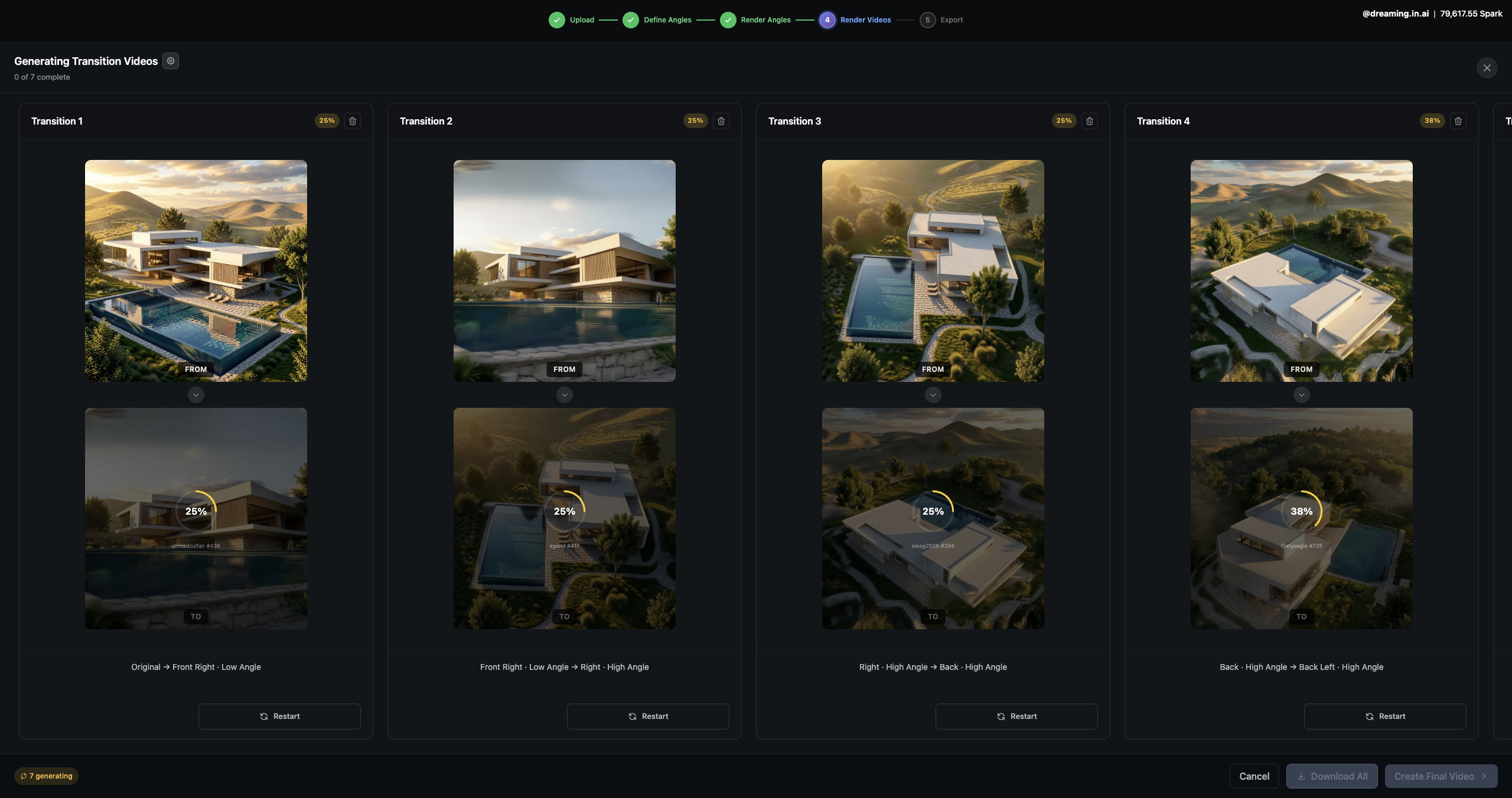 Transition rendering progress inside Sogni 360.