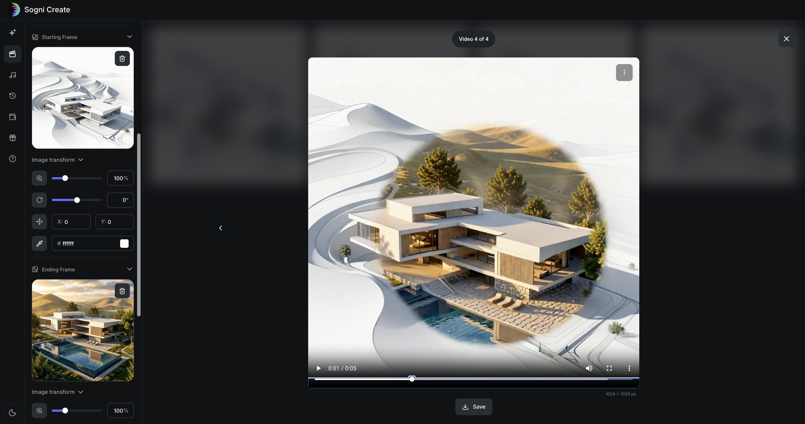 Image-to-video setup in Sogni Create showing the sketch and final architecture transition.