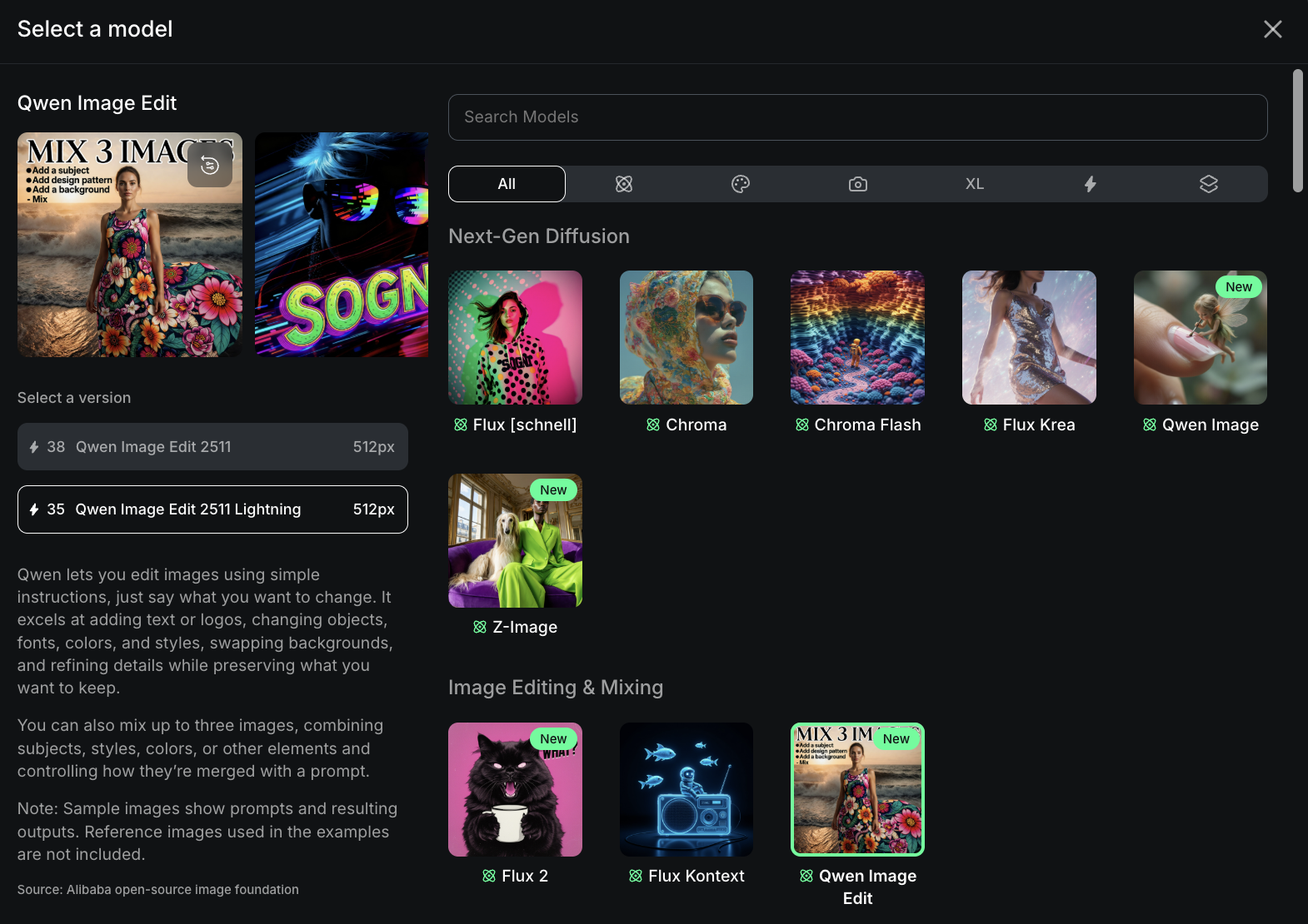 Model selection screen showing Qwen Image Edit and Flux 2 options.