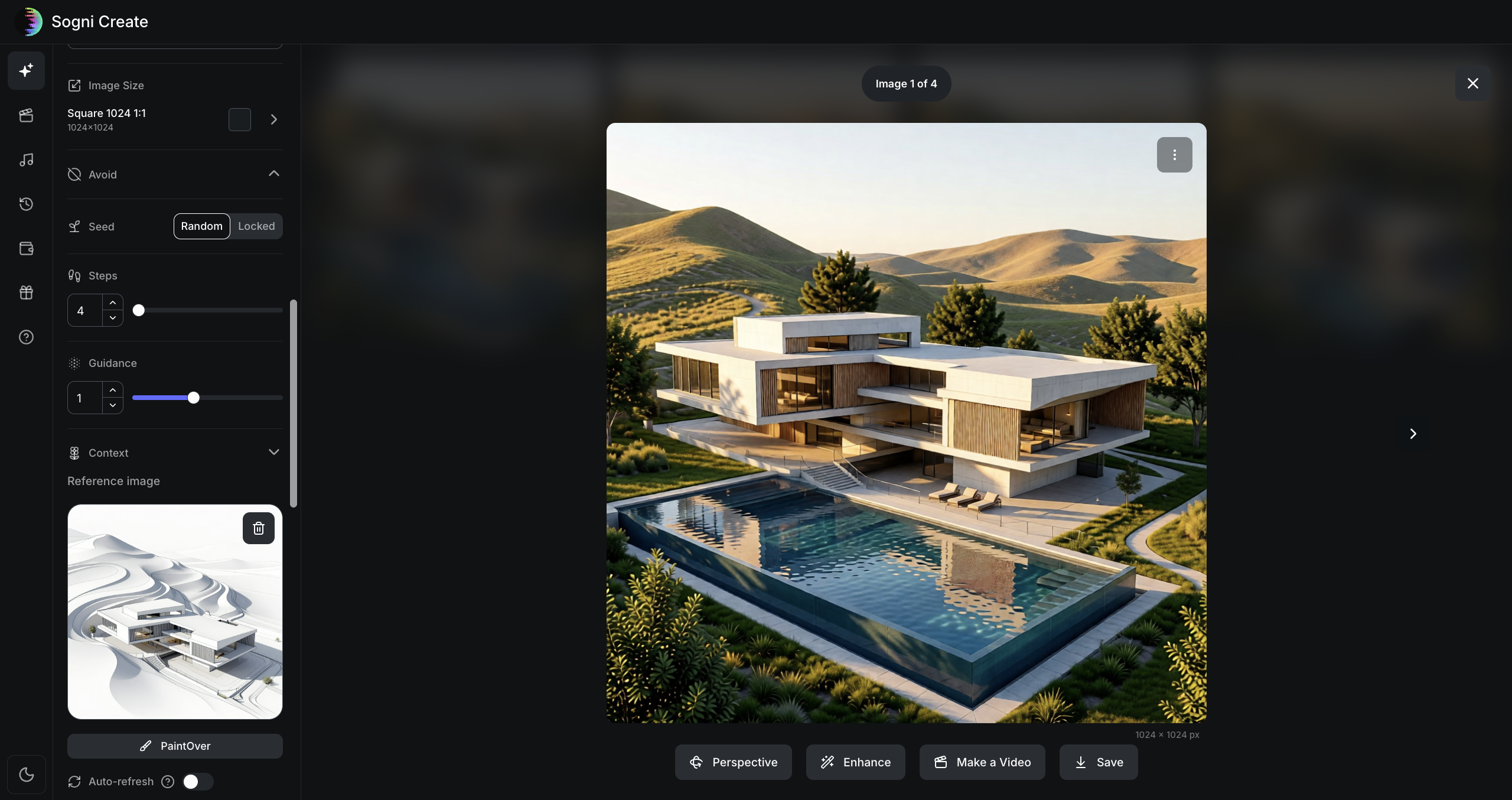 Reference image uploaded in Sogni Create with the sketch visible on the left.