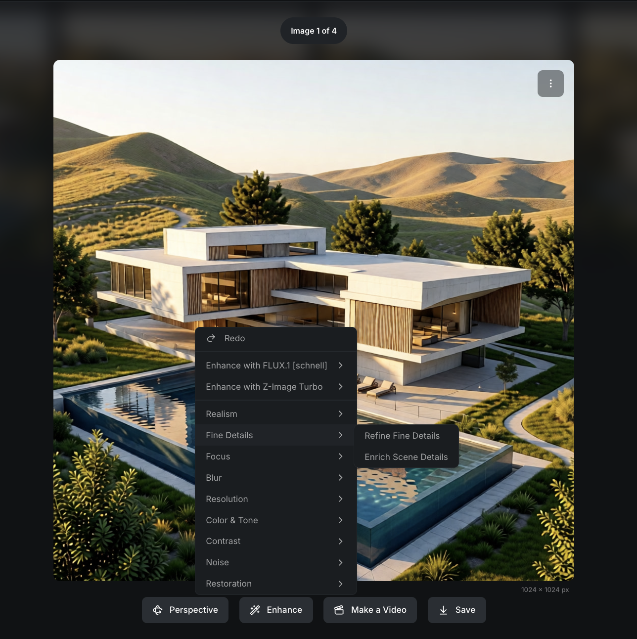 Enhance menu in Sogni Create showing realism and fine-detail options.