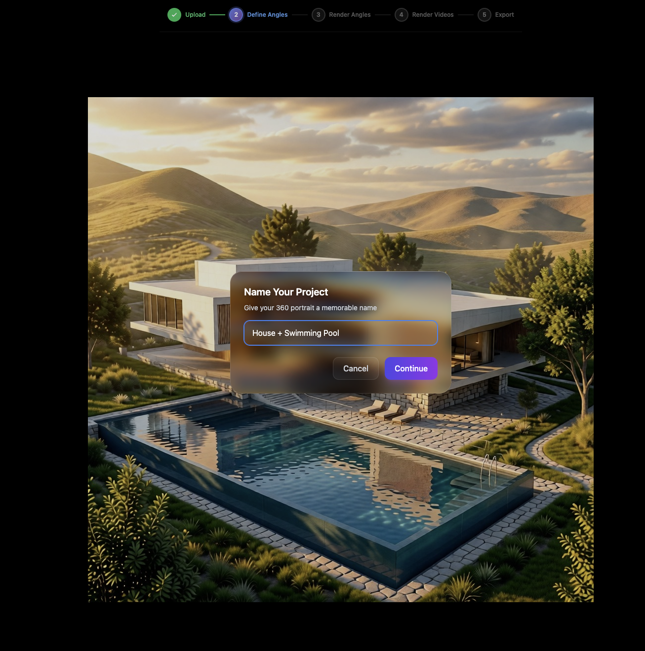 Project naming dialog in Sogni 360.
