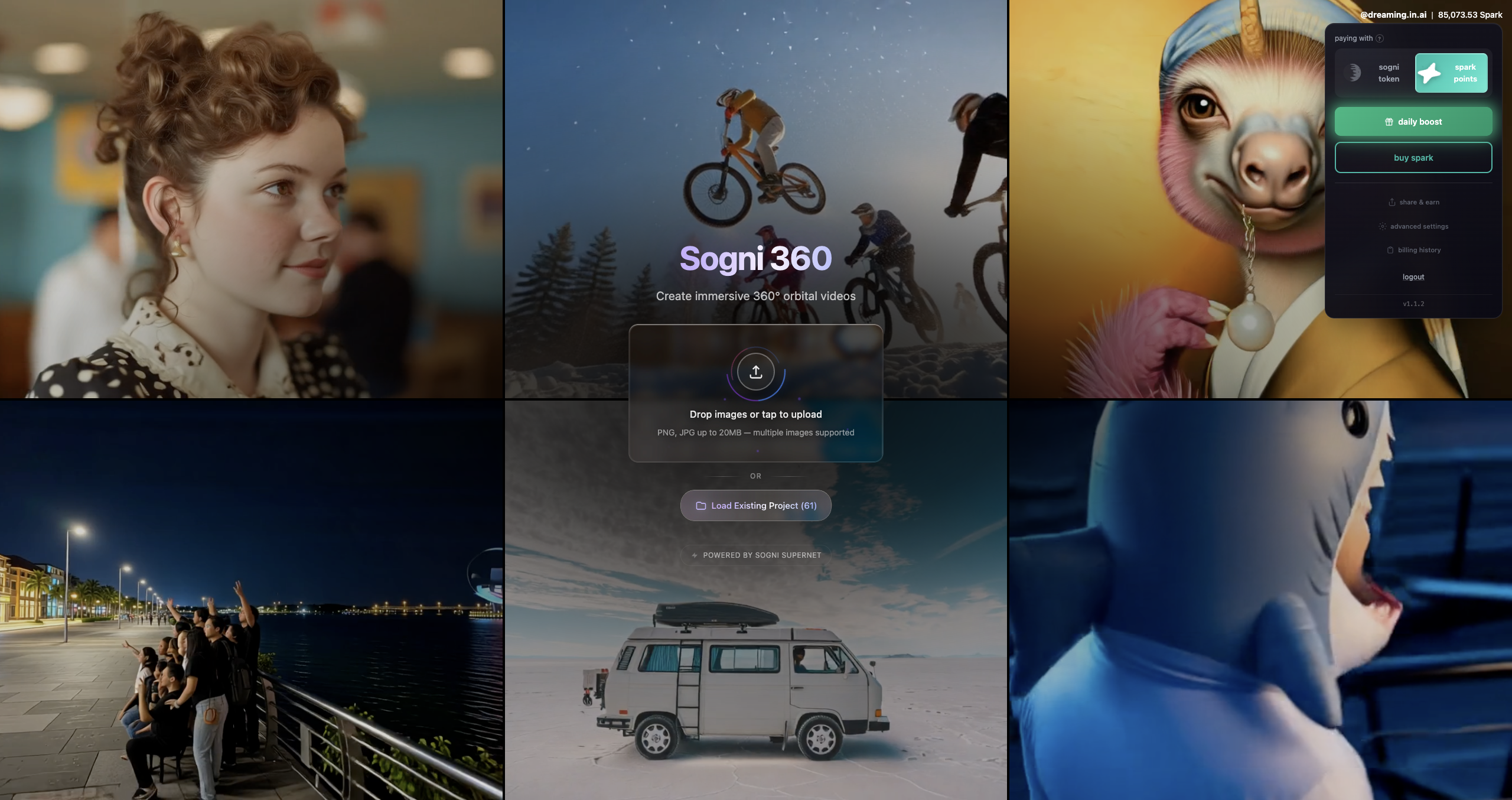 Landing screen of Sogni 360 ready for image upload.