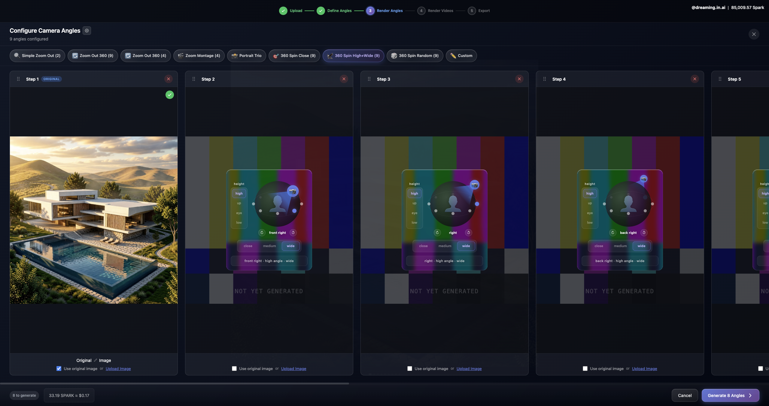 Preset selection screen in Sogni 360 with 360 Spin High+Wide selected.