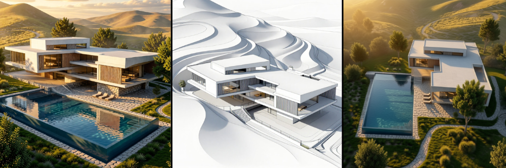 Banner collage showing the source sketch, the final luxury house result, and an alternate camera angle.
