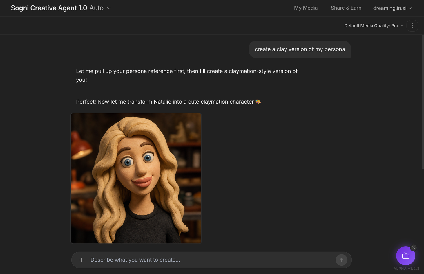 Sogni Creative Agent 1.0 chat, user asks for a clay version of their persona, agent confirms it will pull the persona reference and renders a claymation portrait.