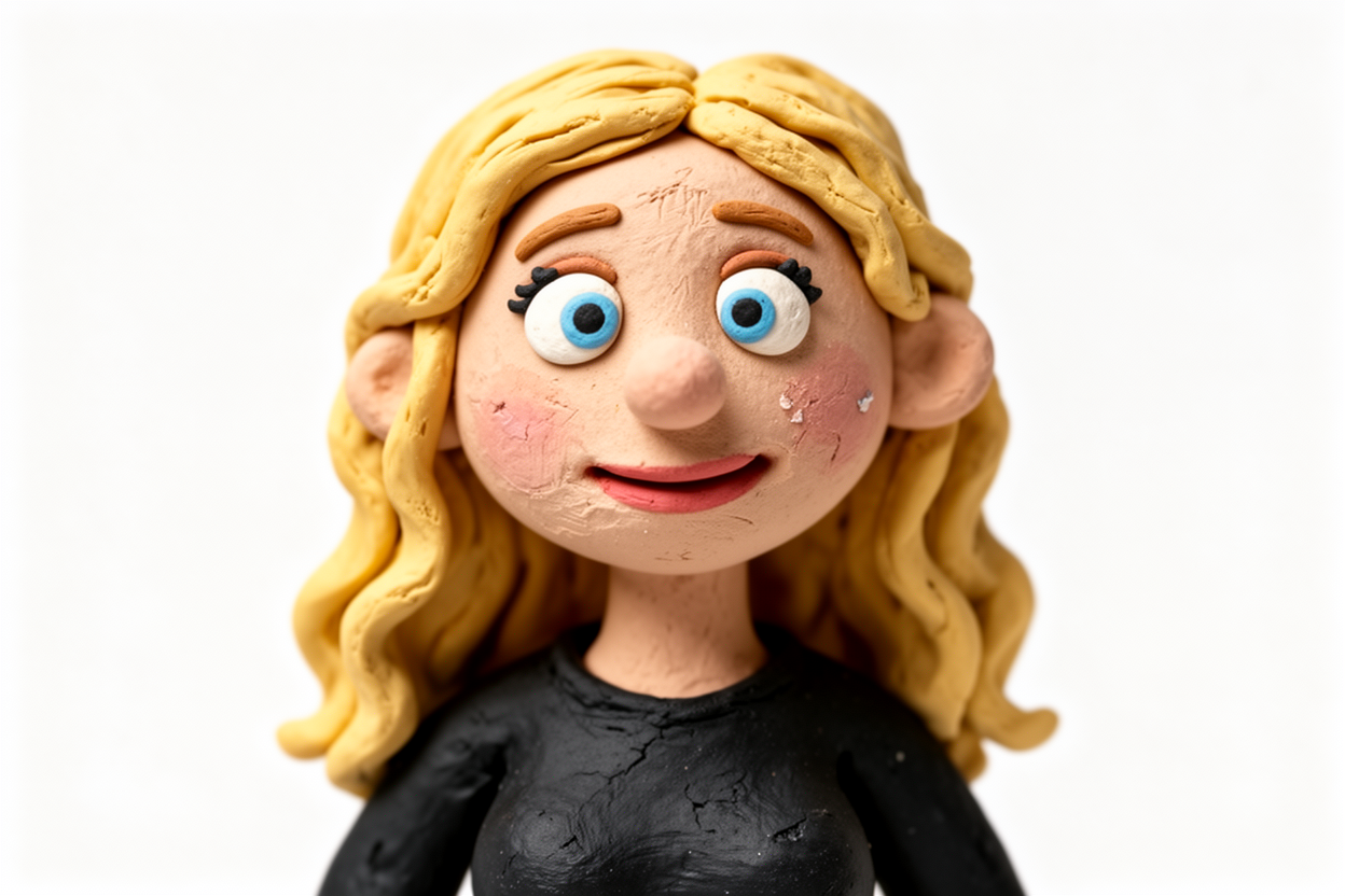 Full-resolution claymation portrait, handmade clay character with long wavy blonde hair, blue eyes, rosy cheeks, black top.