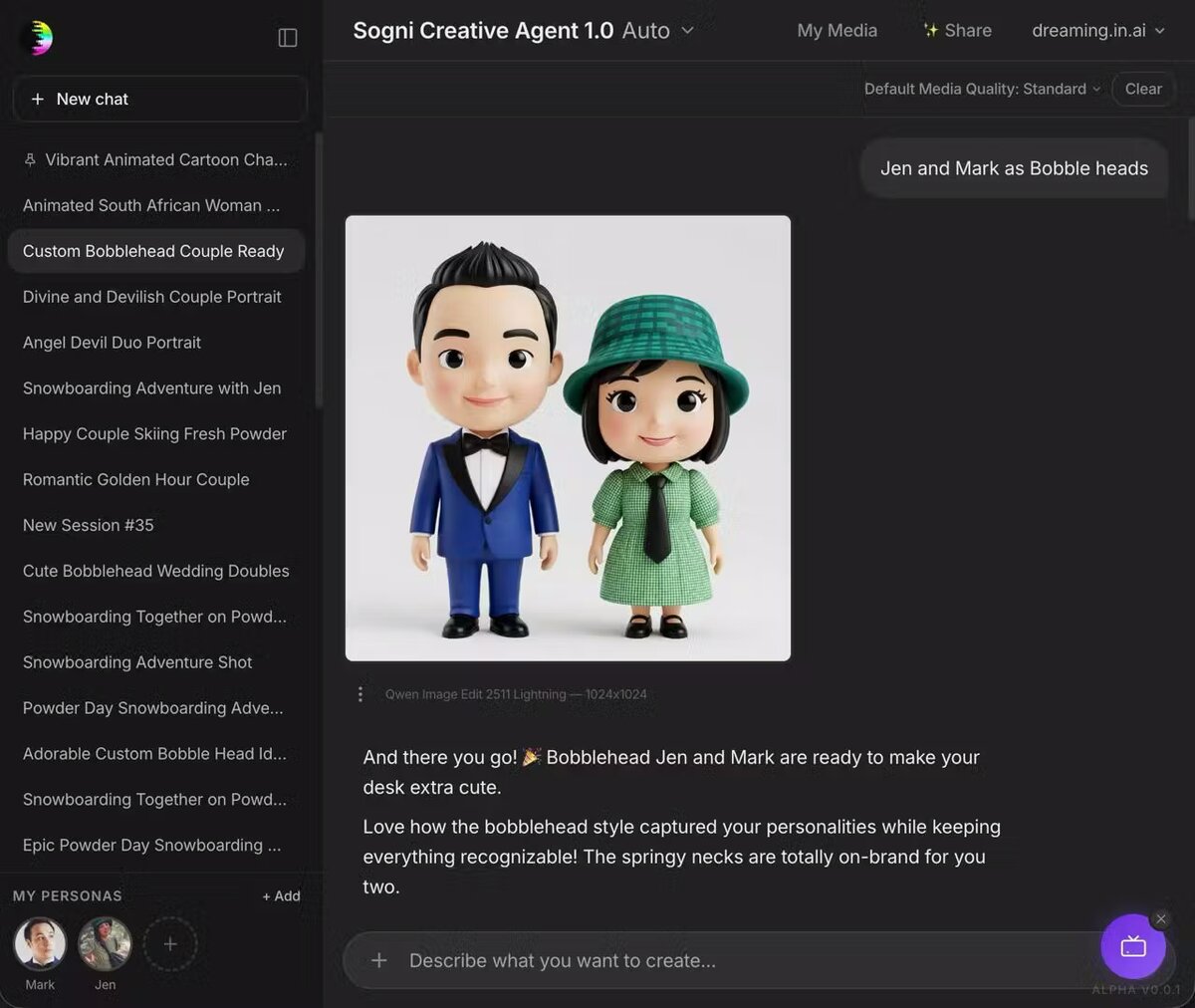 Sogni Creative Agent showing two saved Personas, Mark and Jen, generated as a Bobblehead couple, blue tuxedo and green dress with a hat, sitting in the chat.