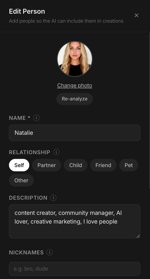 Edit Person panel: photo, name Natalie, relationship Self, description content creator and AI lover.
