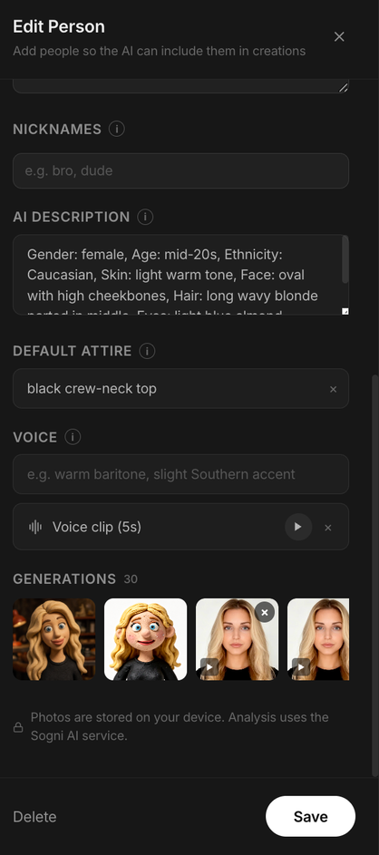 Edit Person panel, AI description, default attire 'black crew-neck top', voice clip slot.