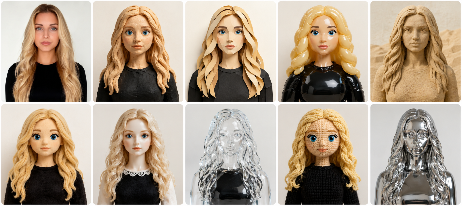 A 2x5 grid showing the same Natalie Persona rendered across ten different art styles, photo, claymation, paper craft, balloon, sand, plush, porcelain, glass, knit, chrome.