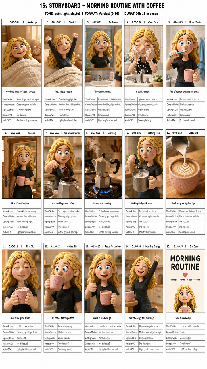 Vertical 15-panel storyboard sheet, Morning Routine with Coffee, clay character through the whole sequence.