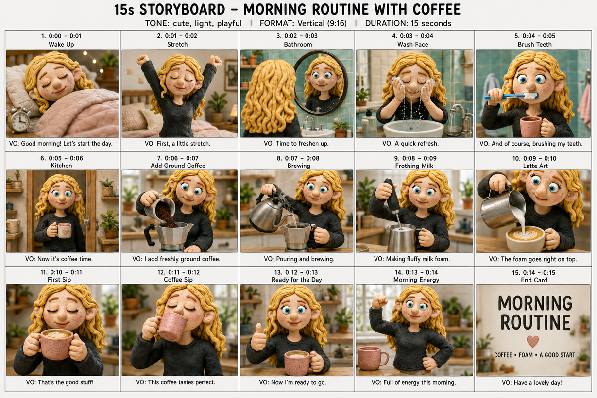 Generated 15-panel storyboard sheet titled 'Morning Routine with Coffee', clay character in 15 scenes from waking up to drinking latte to end card.