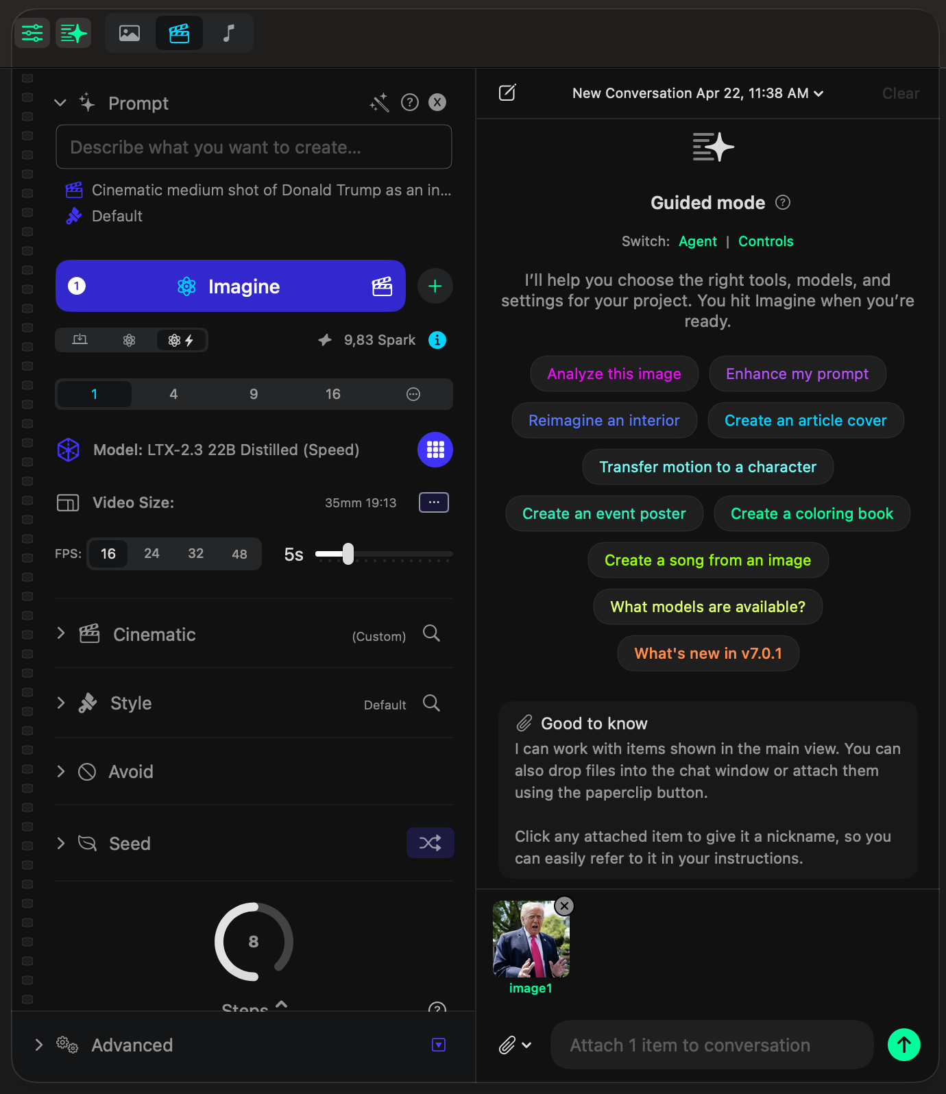 Guided mode in Sogni Studio showing suggested actions and the chat panel beside the creation controls.