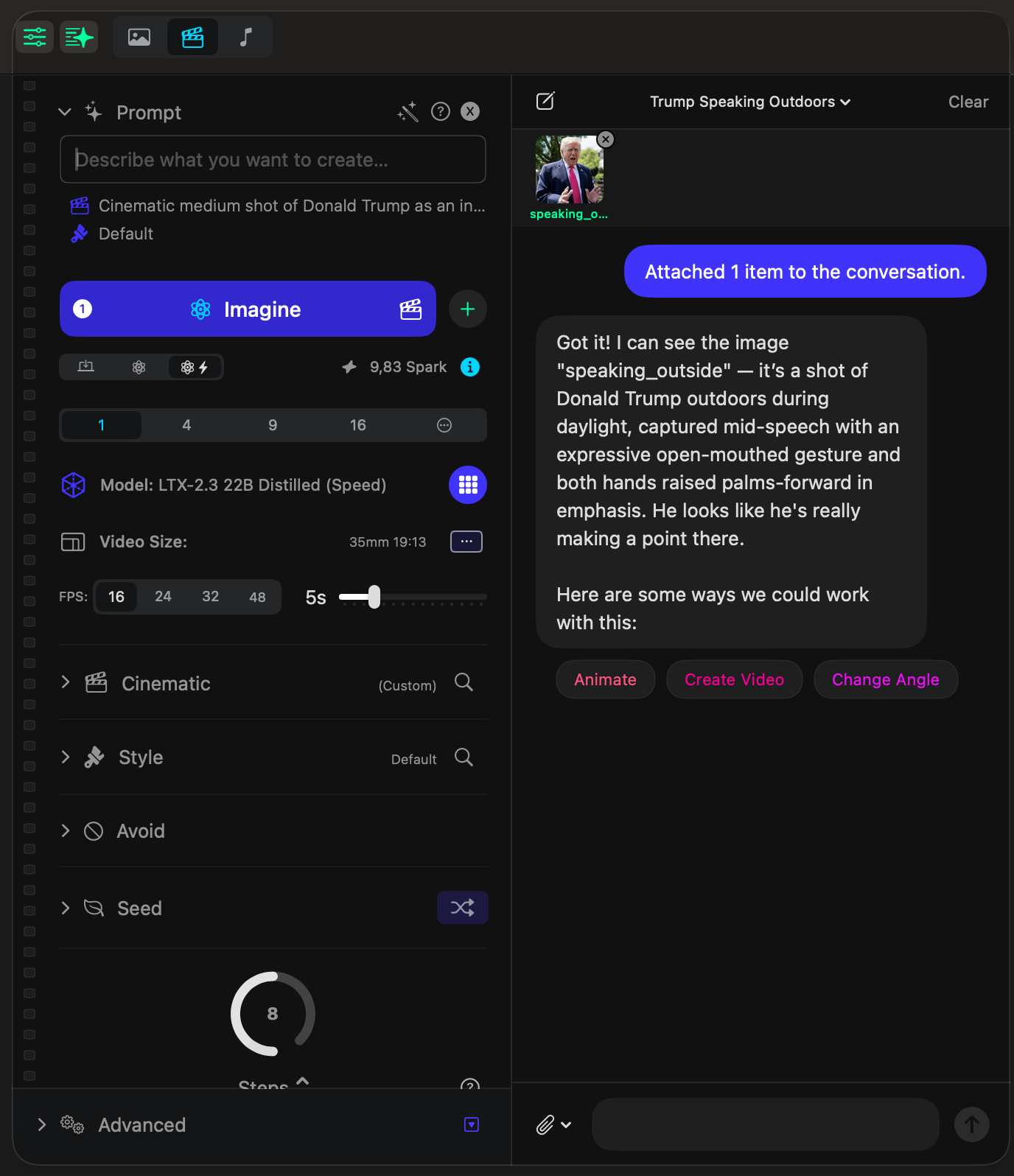 Creative Assistant analyzing an attached image and offering follow-up actions like Animate, Create Video, and Change Angle.