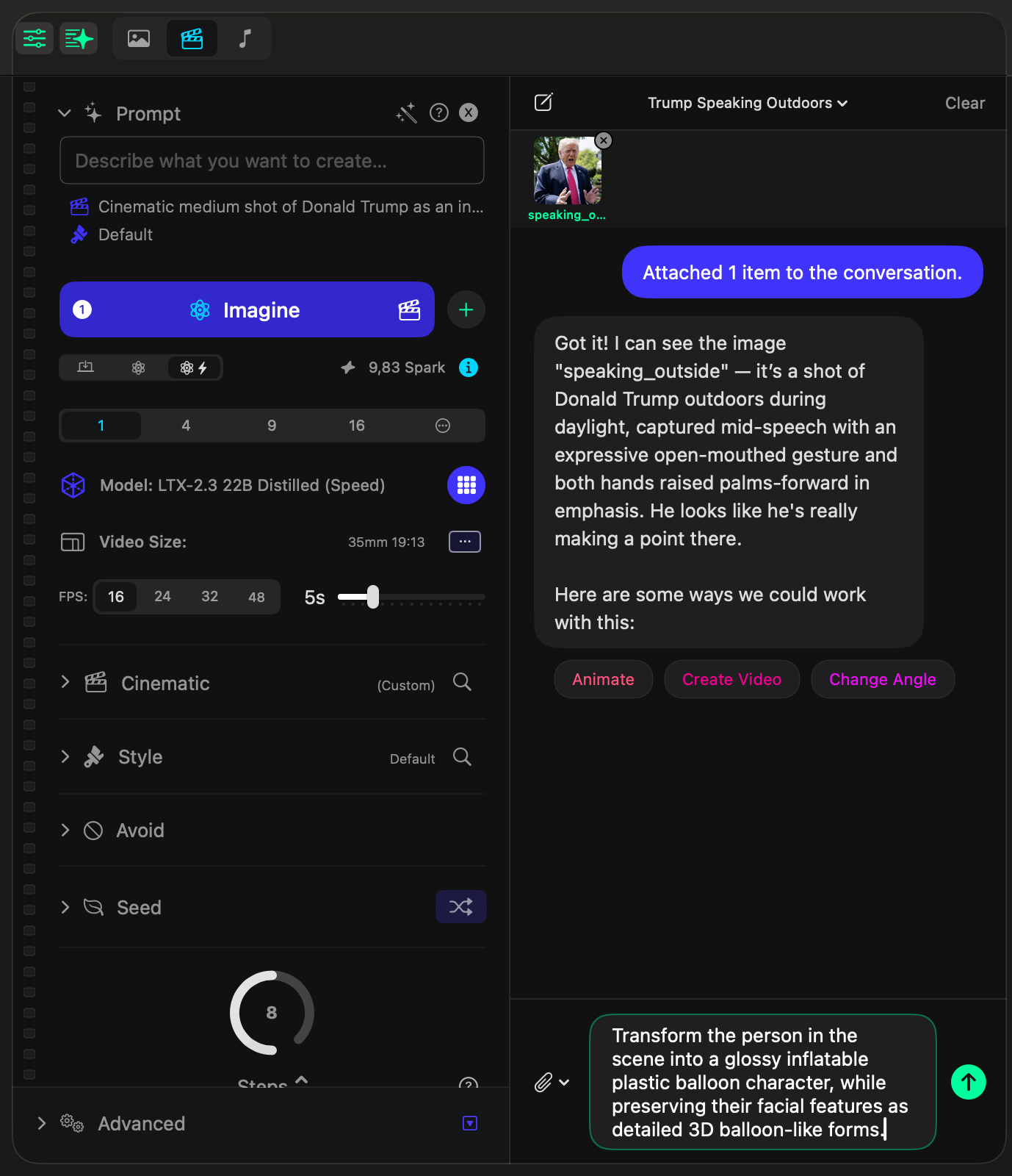 Conversation in Sogni Studio showing a natural-language request to transform the subject into a glossy balloon-like character.
