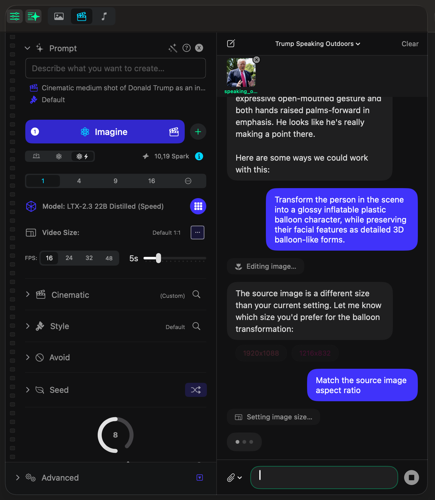Creative Assistant asking whether to match the source image aspect ratio before completing an image edit.