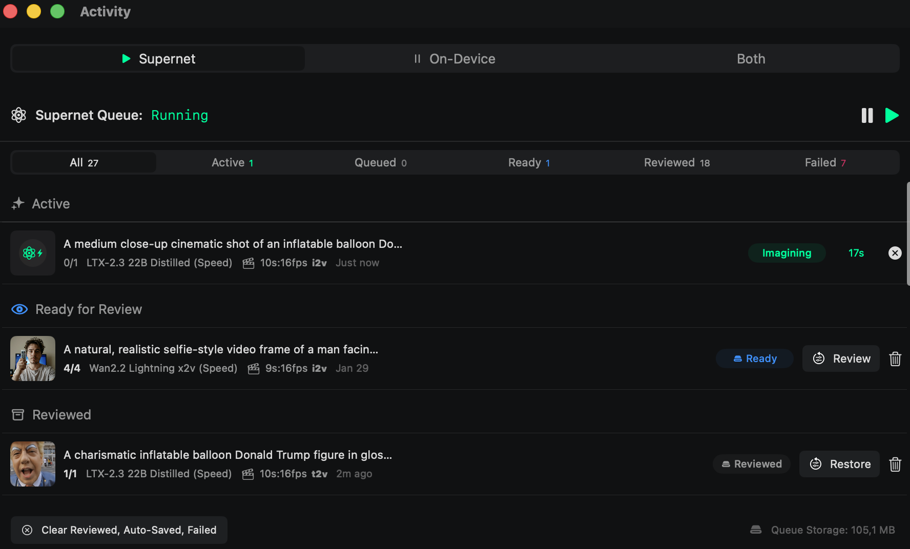 Activity view in Sogni Studio showing the Supernet queue with one active generation, ready items, and reviewed items.
