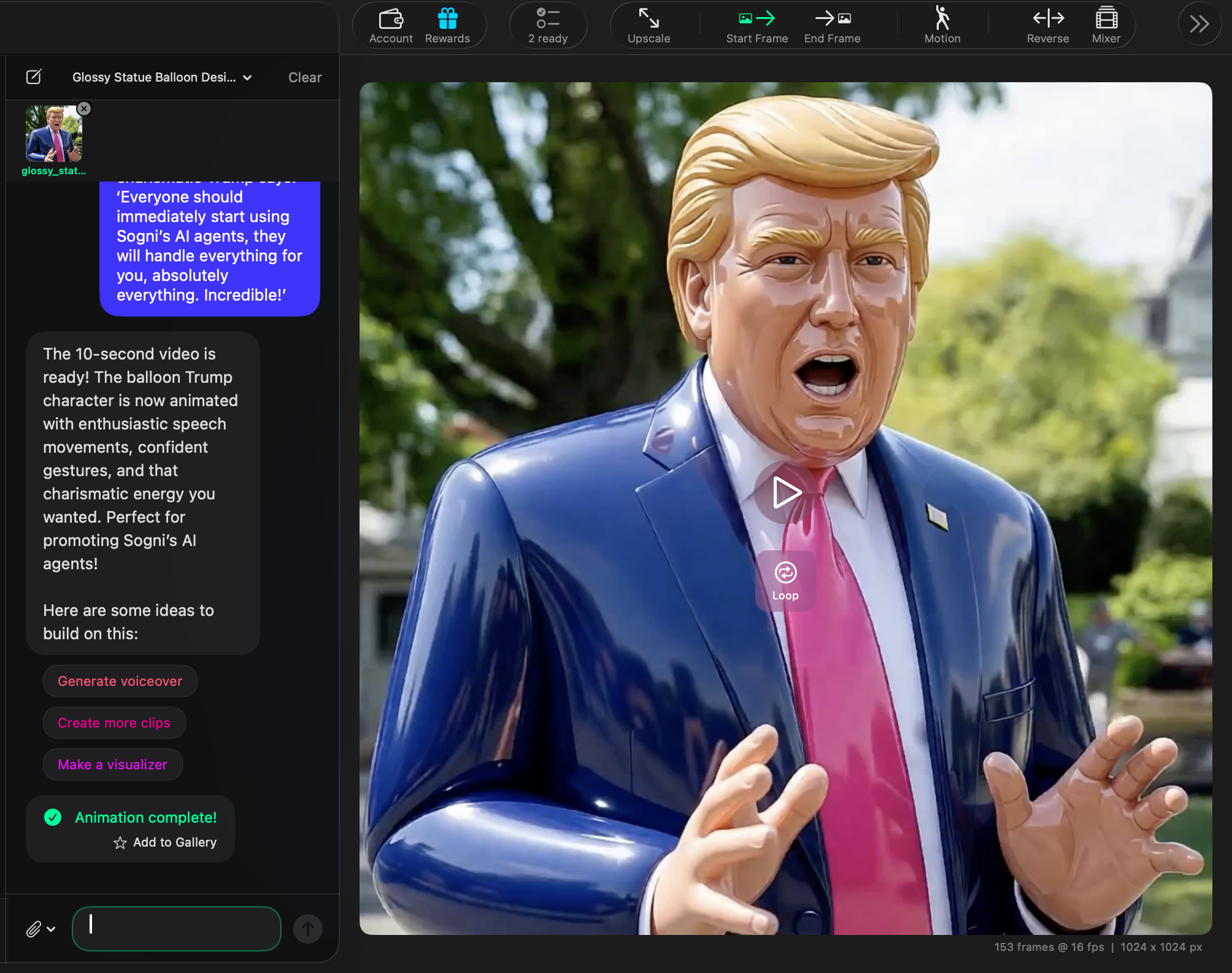 Creative Assistant showing the finished balloon character video preview together with follow-up actions like Generate voiceover, Create more clips, and Make a visualizer.