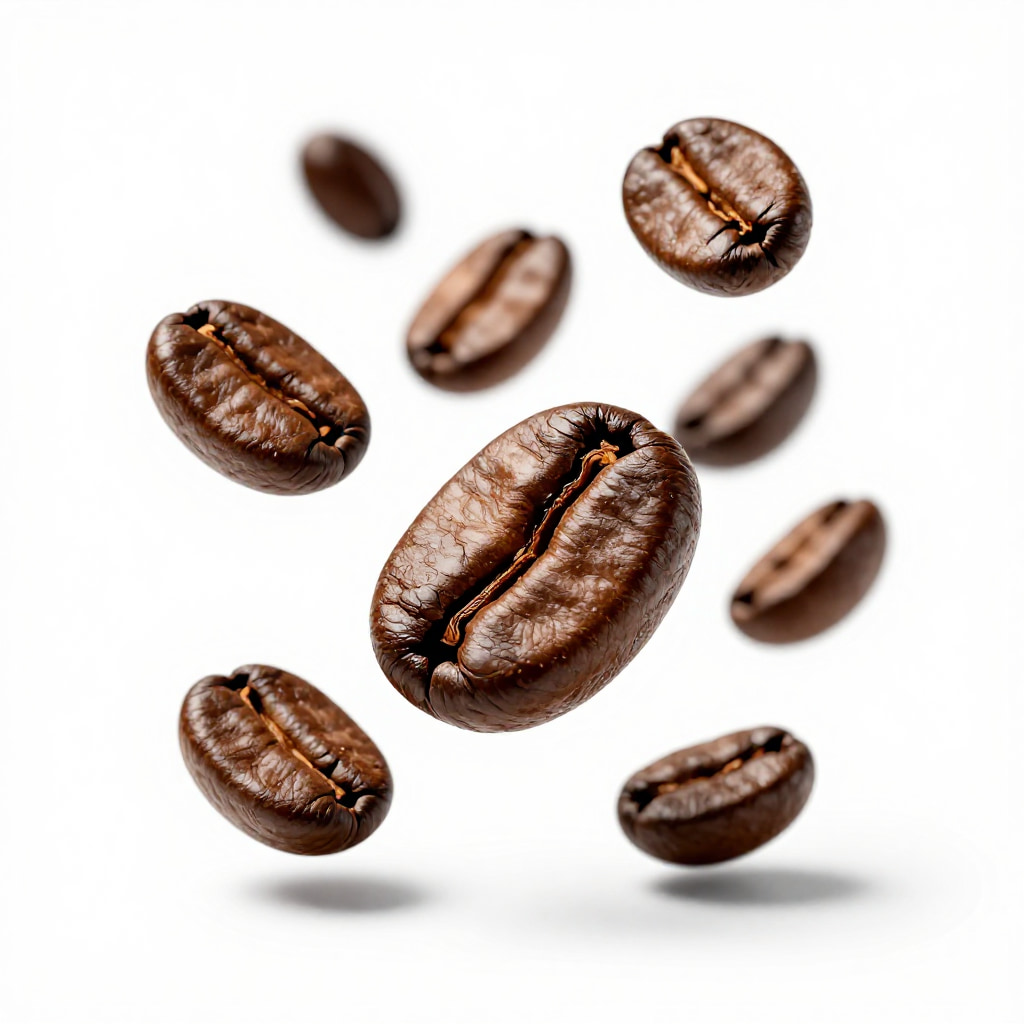 Roasted coffee beans floating on a clean white background.