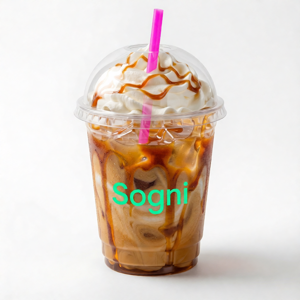 Branded Sogni iced coffee in a studio setting.