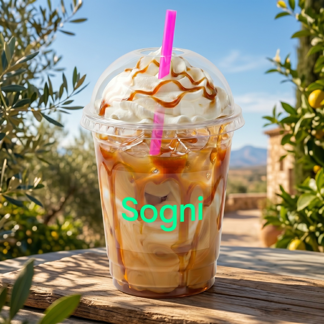 Finished outdoor Sogni iced coffee marketing shot.