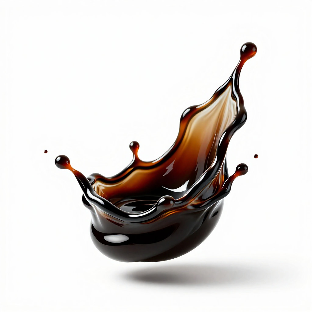 Glossy coffee splash on a white studio background.