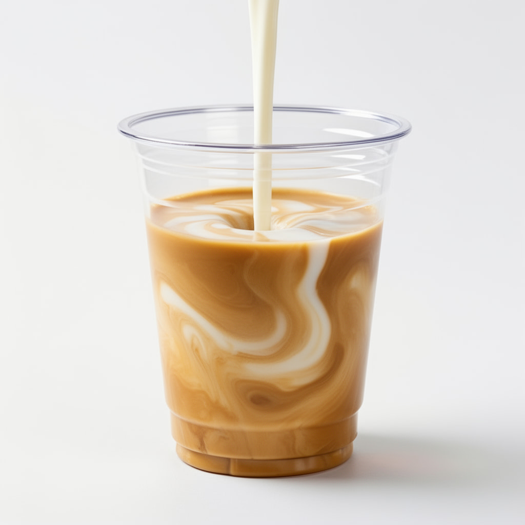 Milk being poured into coffee in a clear cup.