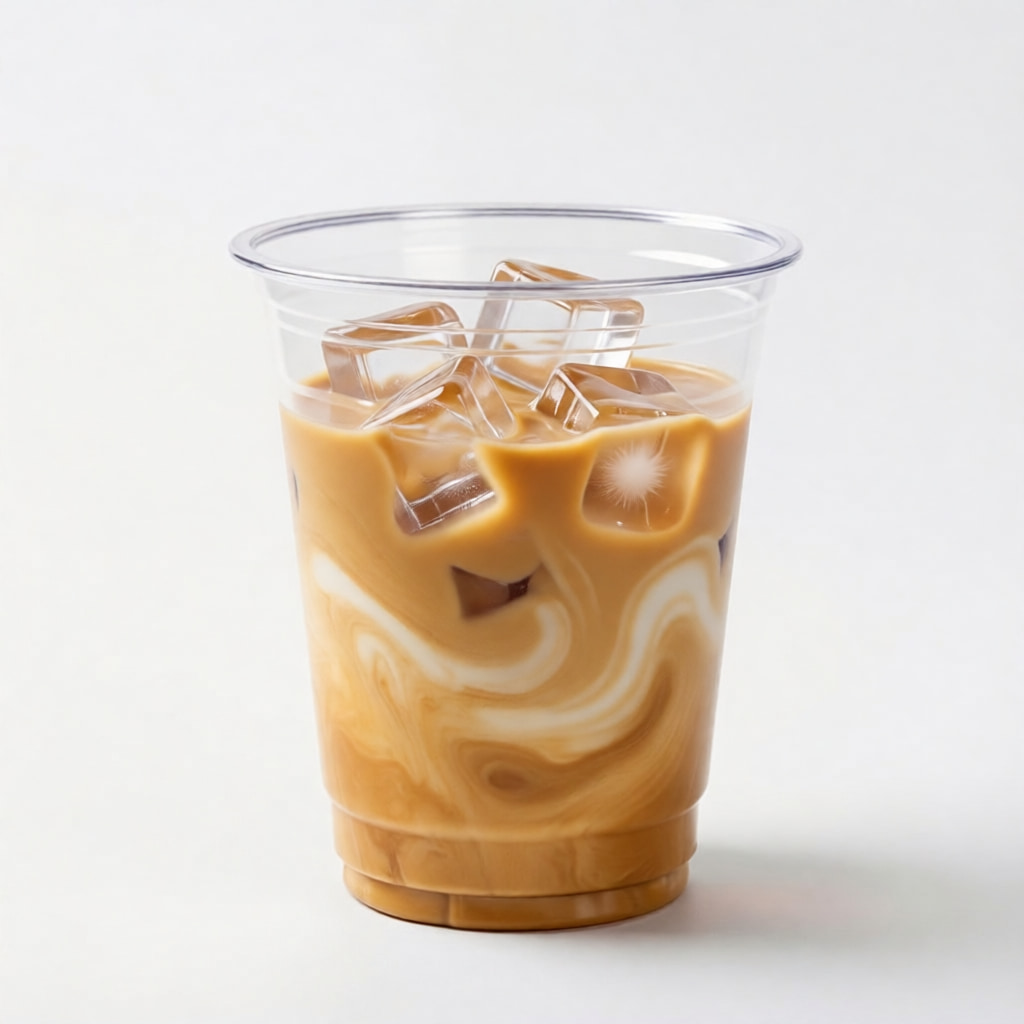 Iced coffee in a clear cup on a white background.