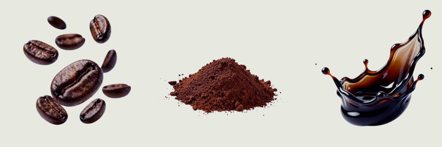 Banner collage showing coffee beans, ground coffee powder, and a liquid coffee splash on a clean background.