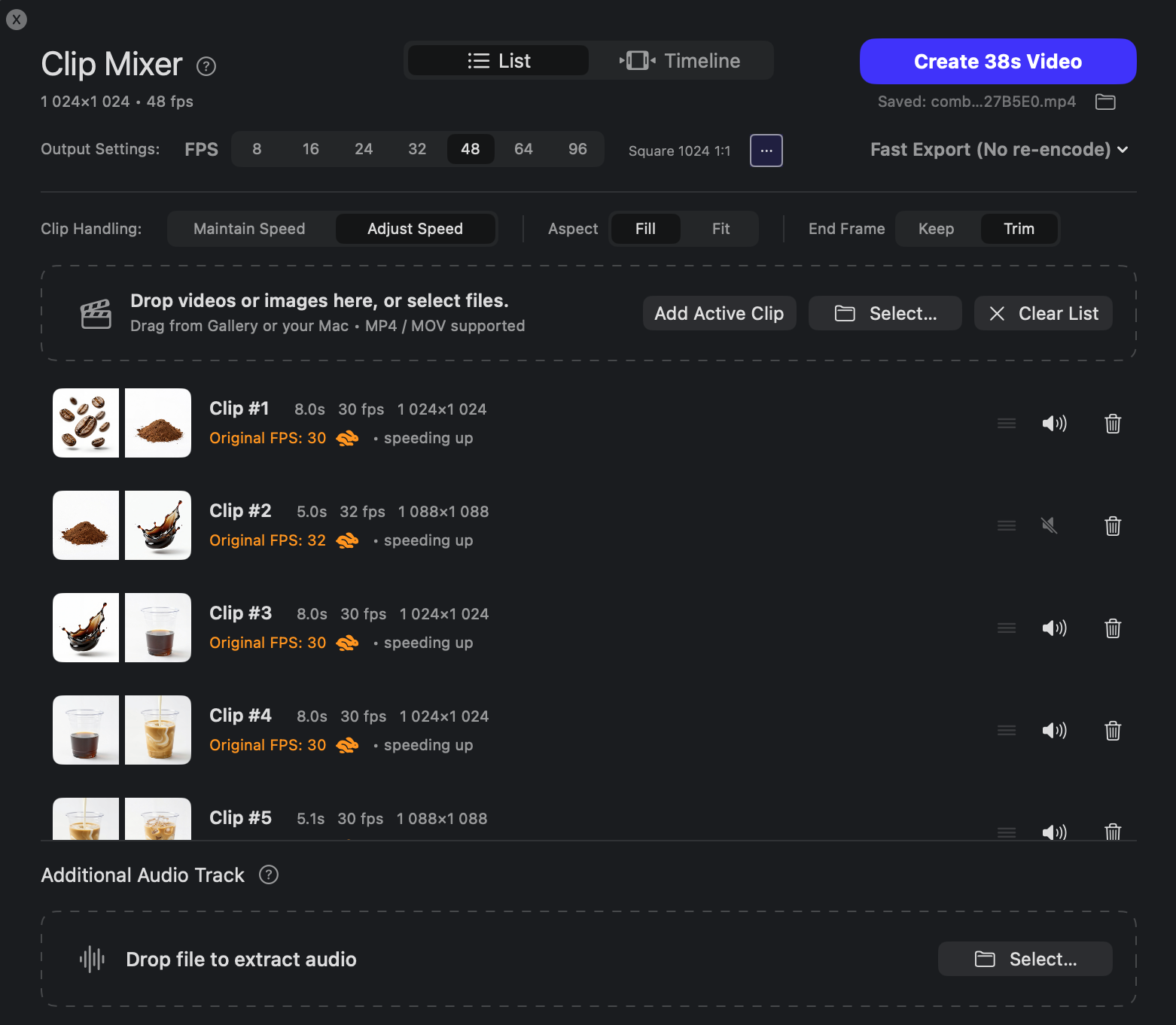 Sogni Clip Mixer list view showing multiple coffee clips ready to be stitched together.