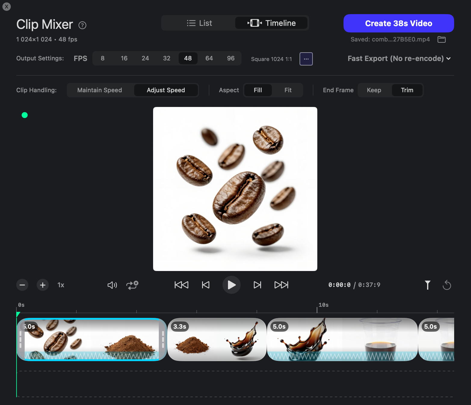 Sogni Clip Mixer timeline view showing exact clip order and pacing controls.