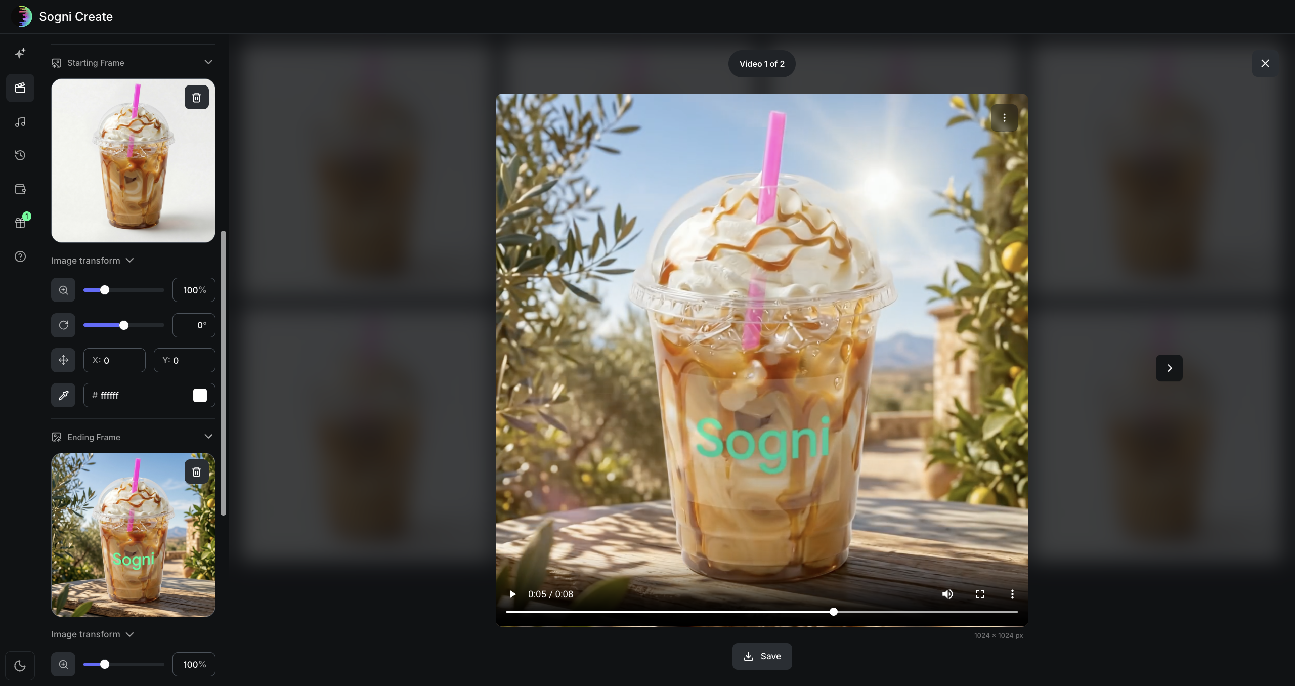 Sogni Create interface showing a loaded starting frame and ending frame for a coffee product transition.