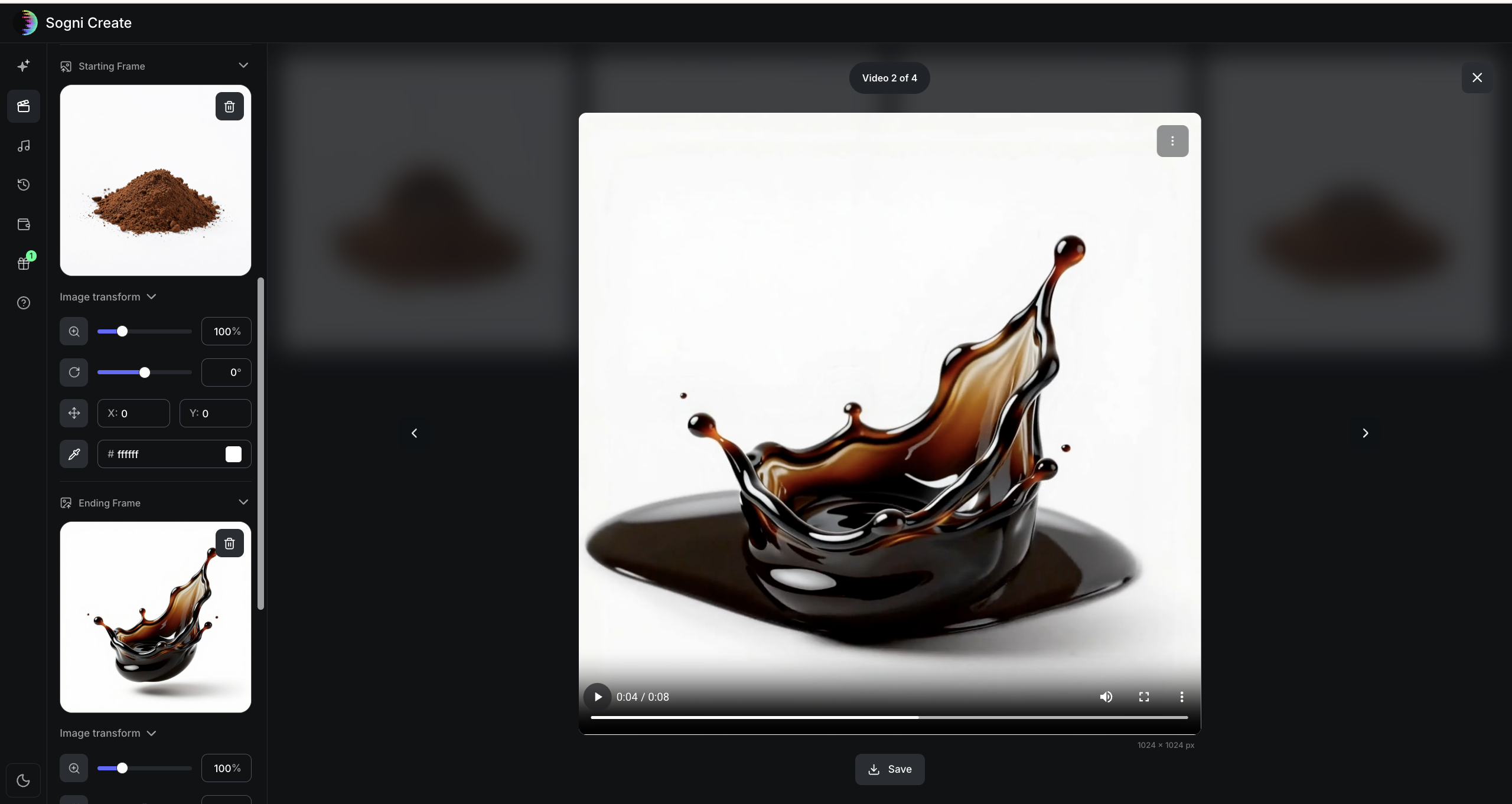 Sogni Create interface showing ground coffee as the Start Frame and a liquid coffee splash as the End Frame for the next transition.