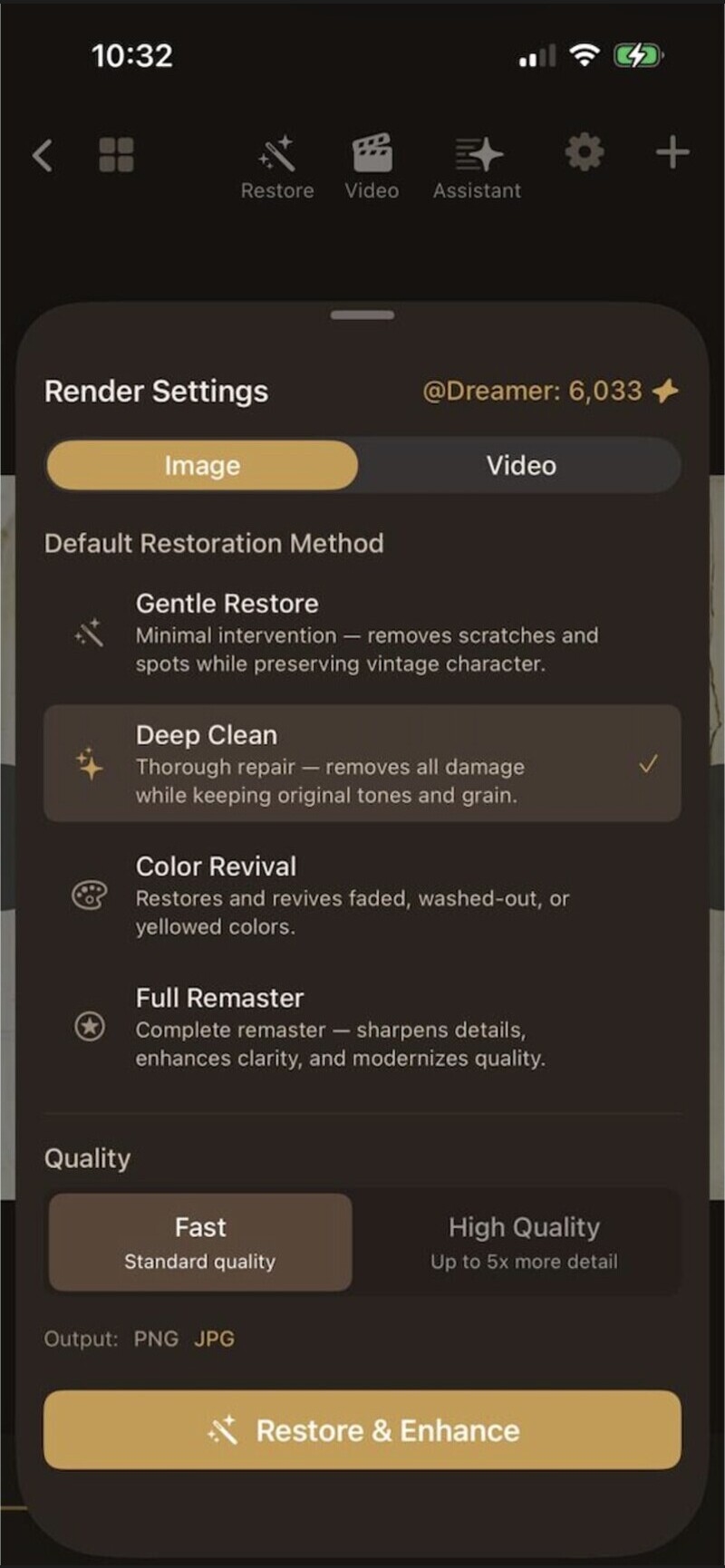 Sogni Restore — render settings (Gentle Restore, Deep Clean, Color Revival, Full Remaster)